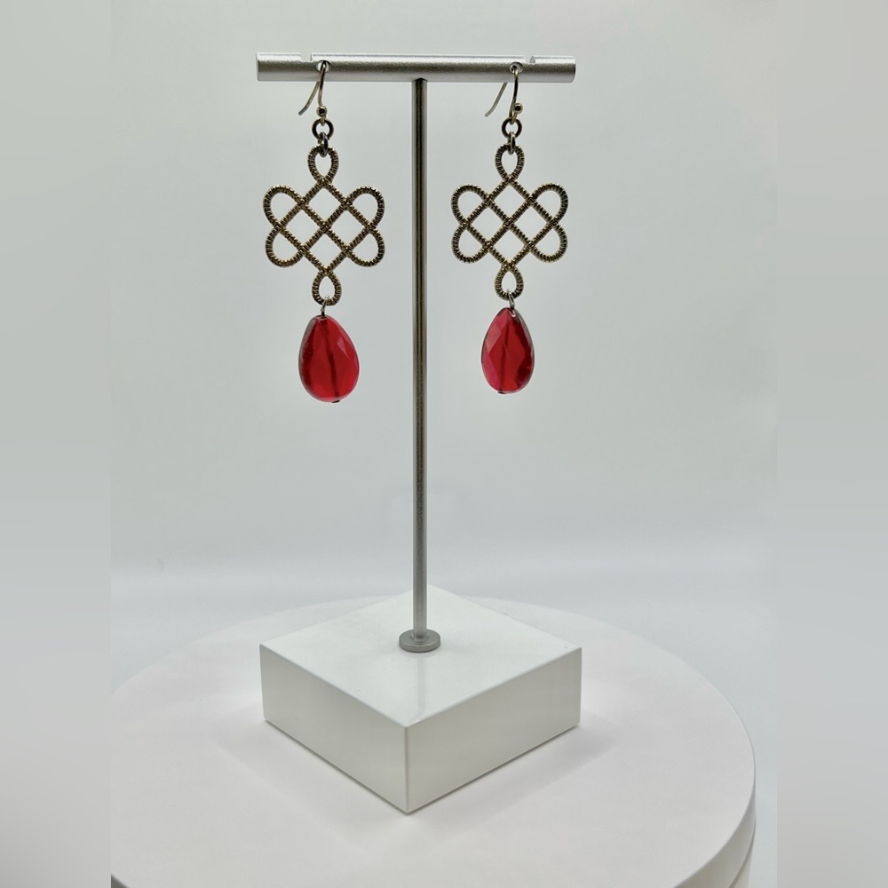 Womens Fashion Gold Plated Red Gemstone Dangle Earrings